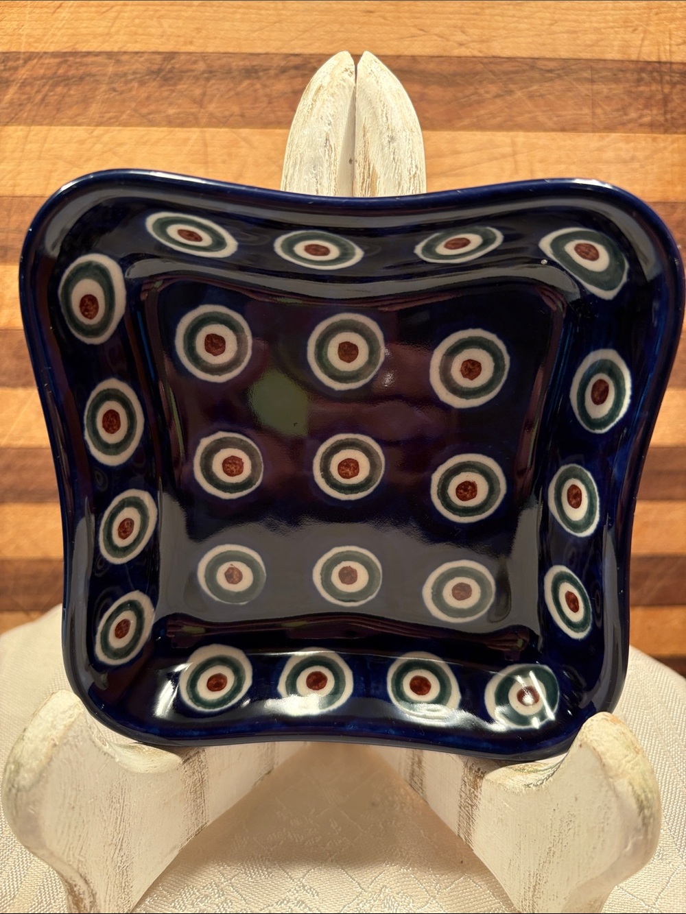 Polish Pottery Blue Floral Square Dish